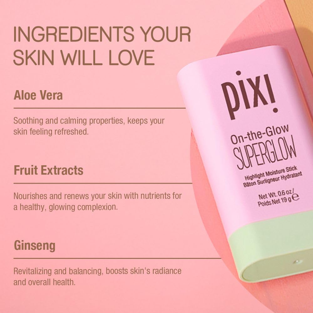Pixi Beauty On-the-Glow SuperGlow | Odcień: PetalDew | Nawilżający kredkowy highlighter do policzków i łuku brwiowego | Z żeń-szeniem, aloesem i ekstraktami owocowymi | 19 g/0,6 uncji