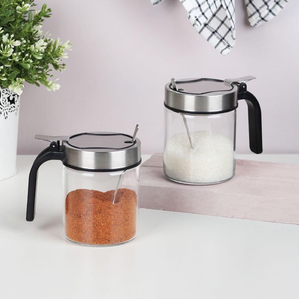 Danube Home Adrian 2-Piece Spice Rack Set 250Ml | Glass + Ss Tabletop Condiments Holder Spice Container Storage For Kitchen & Dining Room | L11Xw10CM - Silver