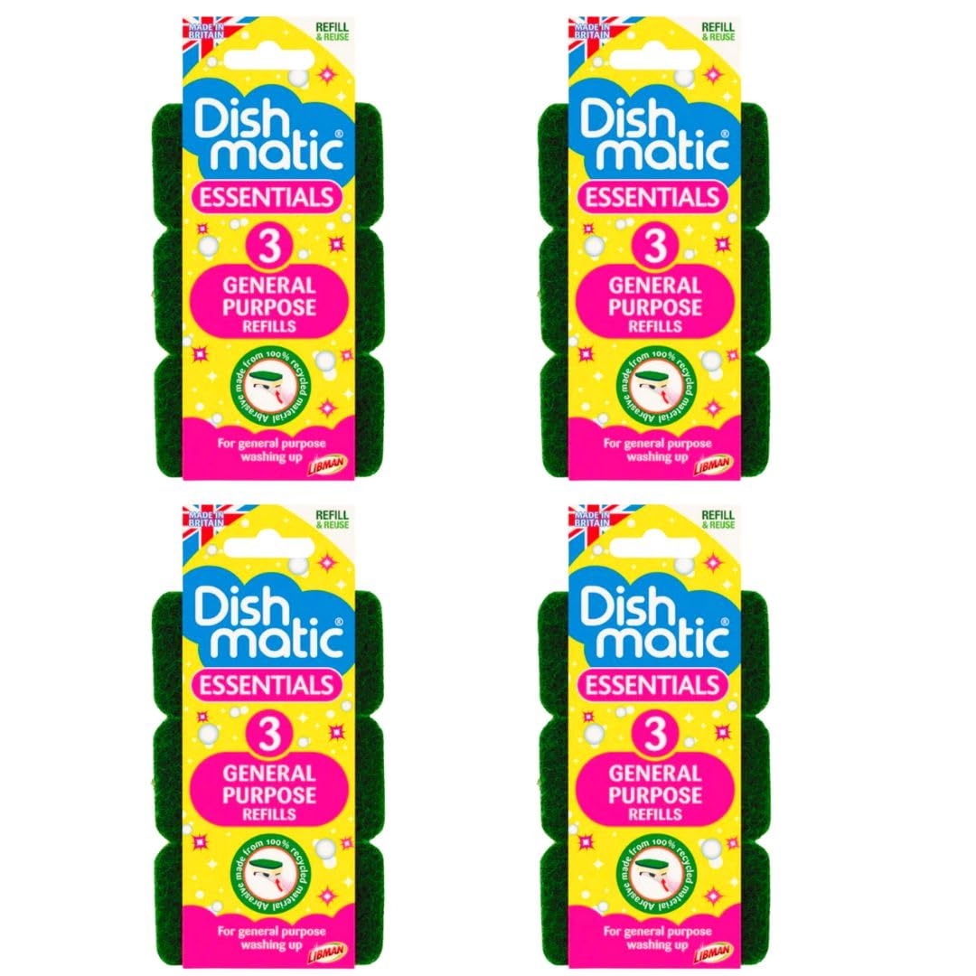 Second One - Dishmatic Compatible 12x General Purpose Green Refills Dish Wand Dish Sponge Washing Up Heads Scrubber Brush Stick Scourers for Liquid Handle