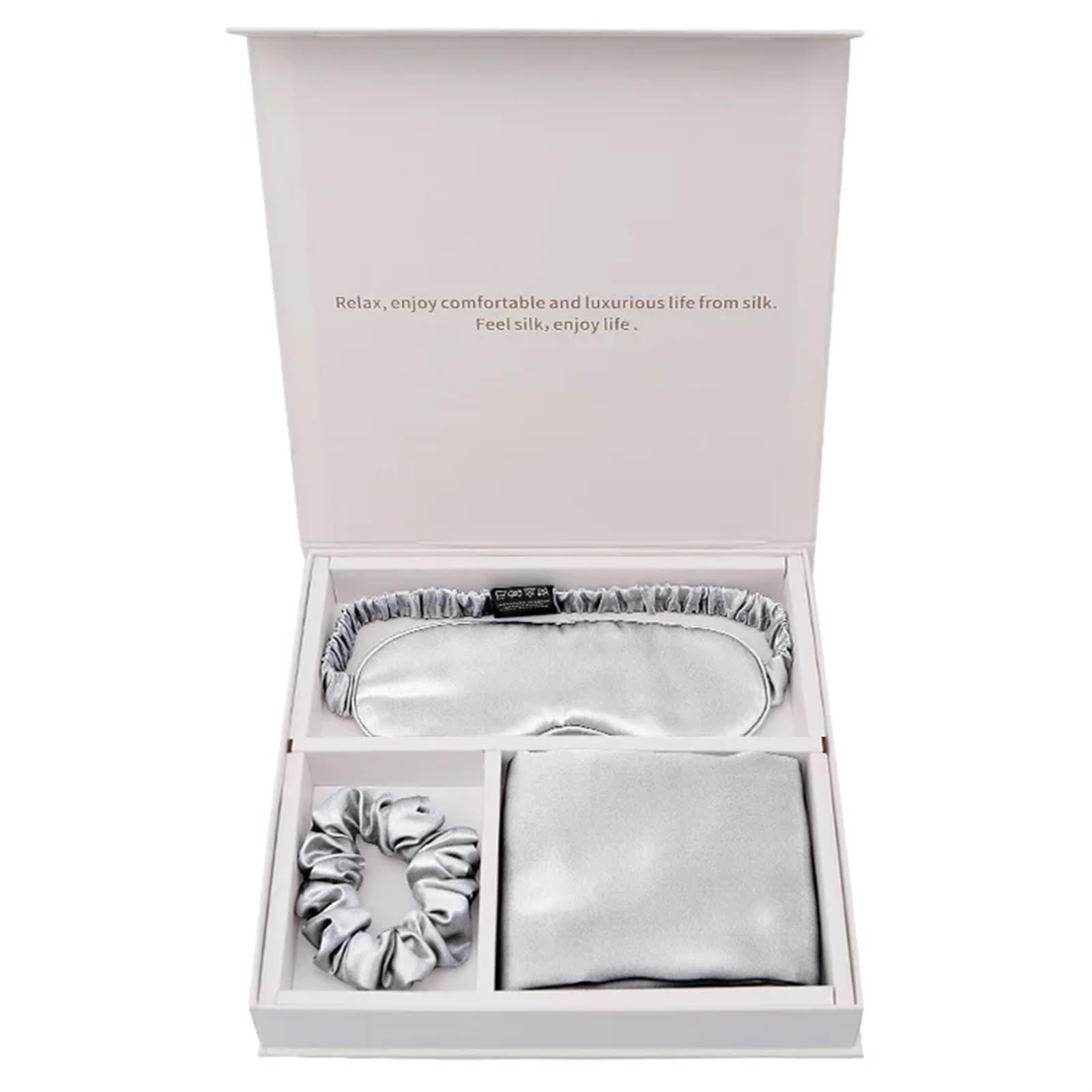 Mulberry Silk Pillowcase EyeMask Scrunchie 3PCS Set For Travel 19 Momme(Silver)