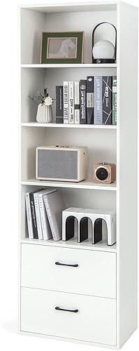 LOKO Estantería de 74 pulgadas de alto, gabinete de almacenamiento alto moderno de 6 niveles con 2 cajones y 4 estantes abiertos, estantería de