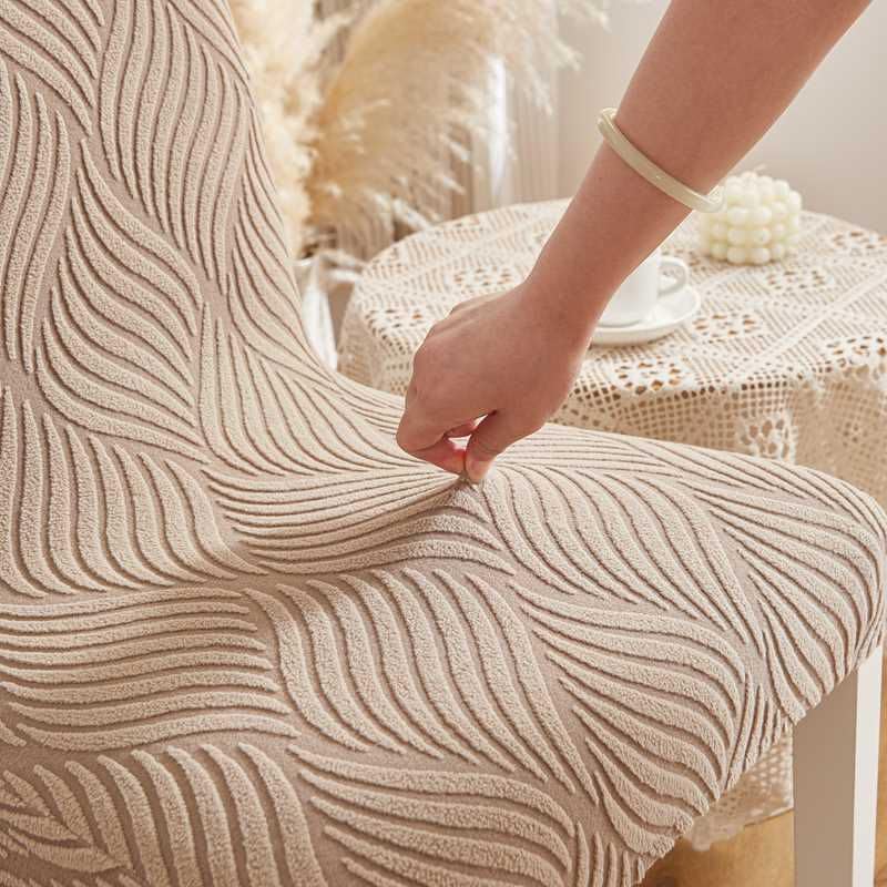 Image of HOMETHREADS Elastic Jacquard Chair Cover - Stretchable, Removable & Washable Short Dining Chair Slipcover | Durable Seat Protector for Kitchen, Dining Room & Banquet Chairs (Beige, Pack of 1)