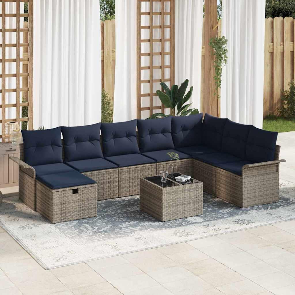 Juego de 9 muebles de jardín con cojín, color gris y azul marino, mesa de polirratán, altura regulable, espacio de almacenamiento, para terraza