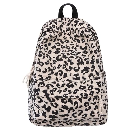 Women's White Corduroy Leopard Backpack Teenagers School Bag Large Capacity Casual Laptop Backpack Multi Pockets Fashion Students Bookbag Travel Rucksack (White)