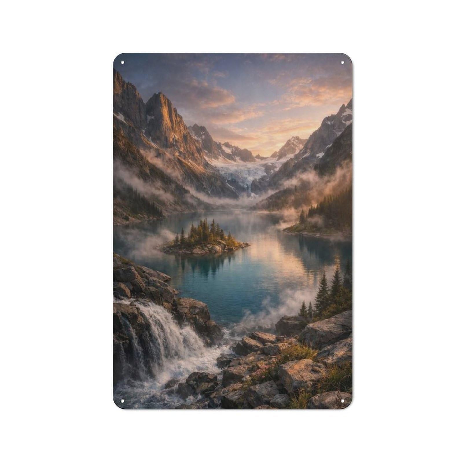 Tin Wall Plaque 30x20cm with Majestic Mountain Lake at Sunrise for Hobby Room Or Studio, for Themed Interiors in Hobby Rooms And Studios