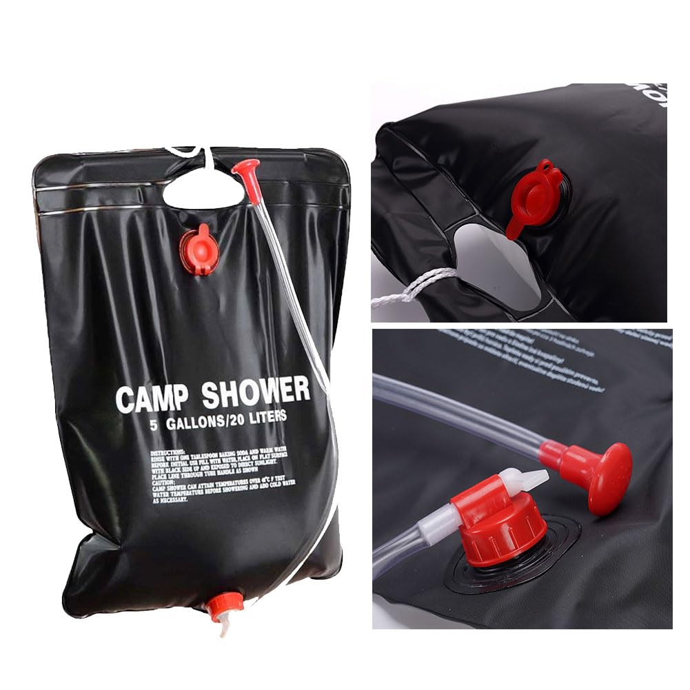 Doccia Portatile, Borsa per Doccia Solare, Doccia da Campeggio, Doccia Solare Bag, con Tubo Rimovibile e Soffione, Borsa da Bagno, Accessori Utili per Escursioni in Campeggio All'Aperto, 20L, Nero
