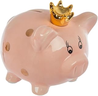 Hobby Lobby Ceramic Piggy Bank with Crown, Pink and Gold Polka Dots, 5" H x 4.7" W x 5.5" D