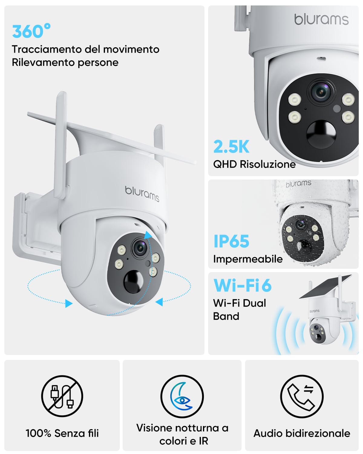 blurams 2K Telecamera Wi-fi Esterno Senza Fili con Pannello Solare | 4MP, Pannello Solare Integrato, 5GHz & 2.4GHz WiFi6, 360° PTZ, Rilevamento Movimento, IP65
