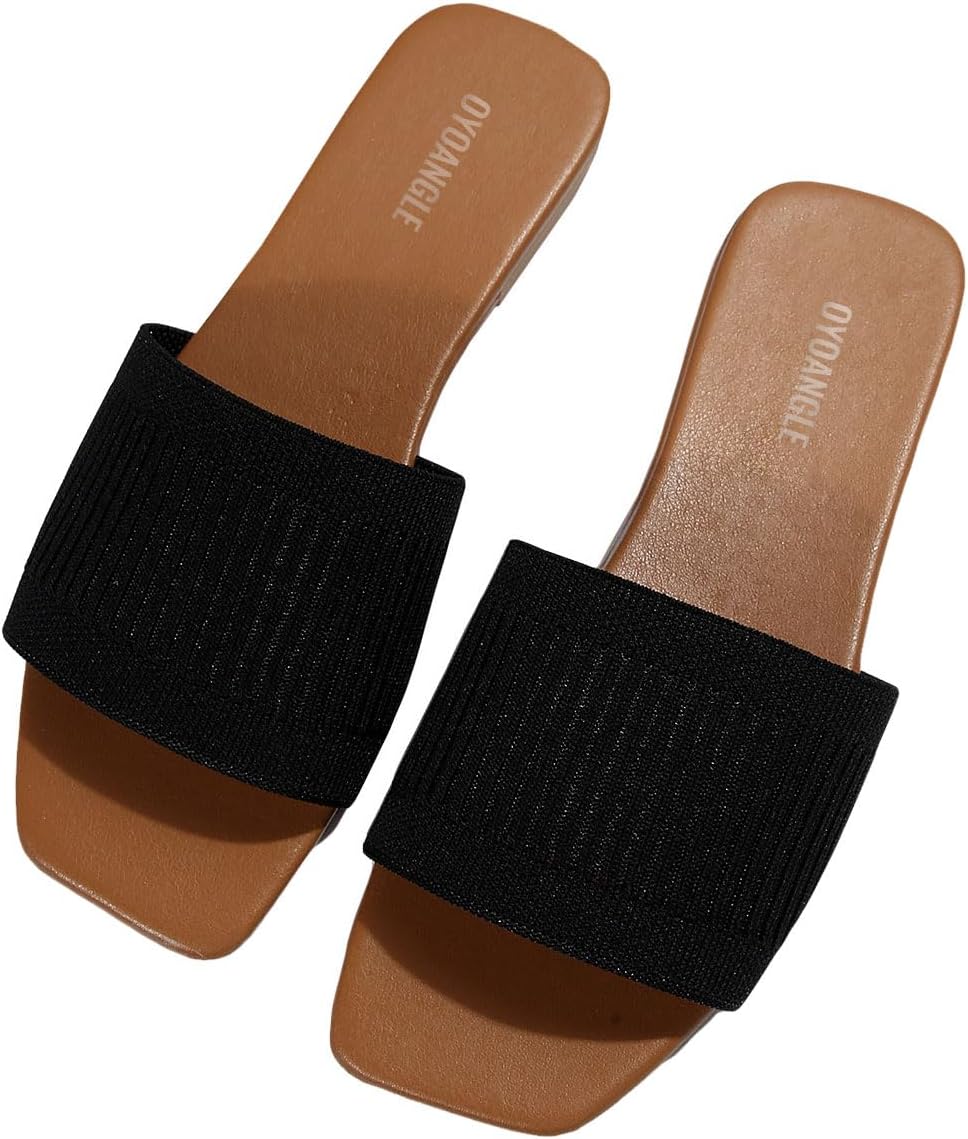 OYOANGLE Women's Single Band Square Open Toe Slide Sandals Summer Slip on Flat Sandals