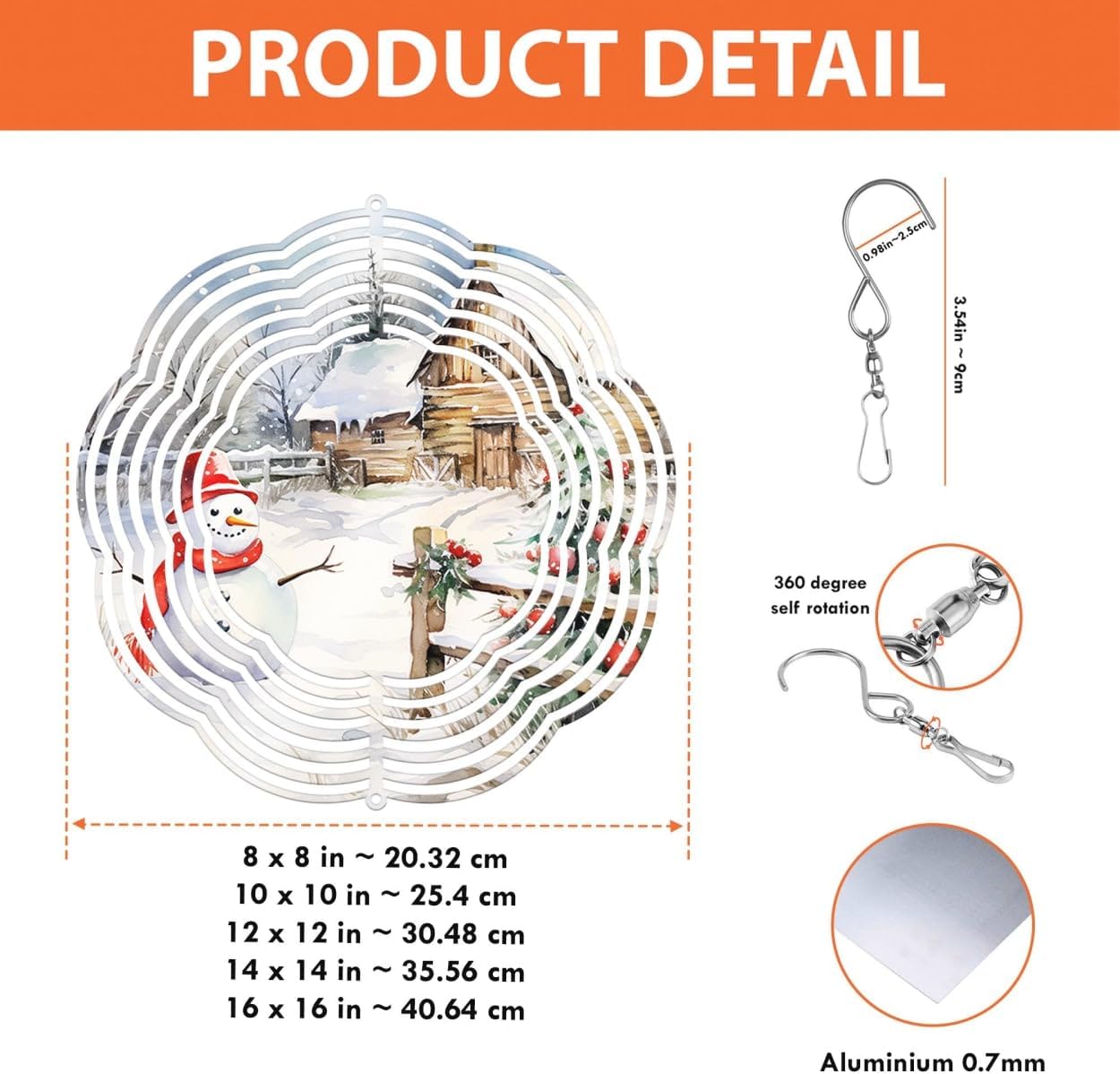 Snowman with Farmhouse Christmas Wind Spinners 3D Stainless Steel Laser Cut Metal Double Sided Printing-Hanging Indoor/Outdoor Decorations Yard Gardening Decor,Metal Kinetic Art 16x16 inches