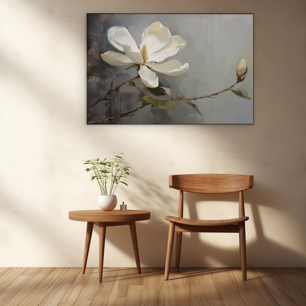 Canvas for Living room. Embracing Simplicity: The Contrast of Blossomed Magnolia and Bud Against Gray Serenity, 27 x 18 inch Canvas Wall Art - Contemporary Masterpieces - Modern Home Decor