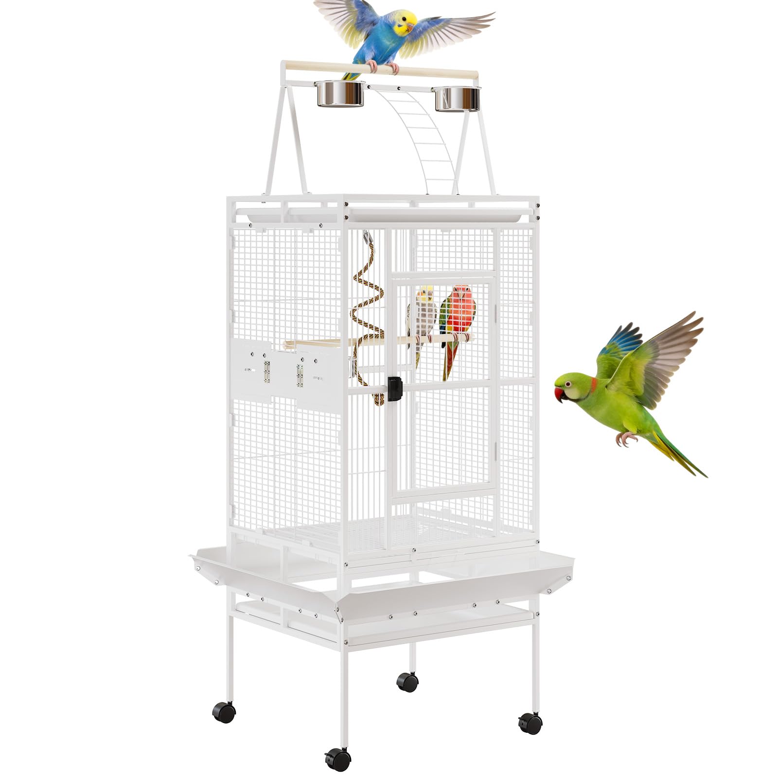 Photo 1 of 67-Inch Playtop Wrought Iron Large Parrot Bird Cages with Rolling Stand for Cockatiels Parrot Quaker Conure Parakeet Lovebird Canary Small Medium Parrot Cage Birdcage, White
