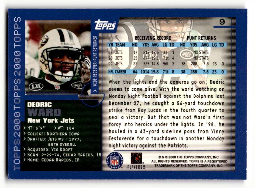 Amazon.com: 2000 Topps #9 Dedric Ward New York Jets Football Cards EX/NM Football  Card : Collectibles & Fine Art