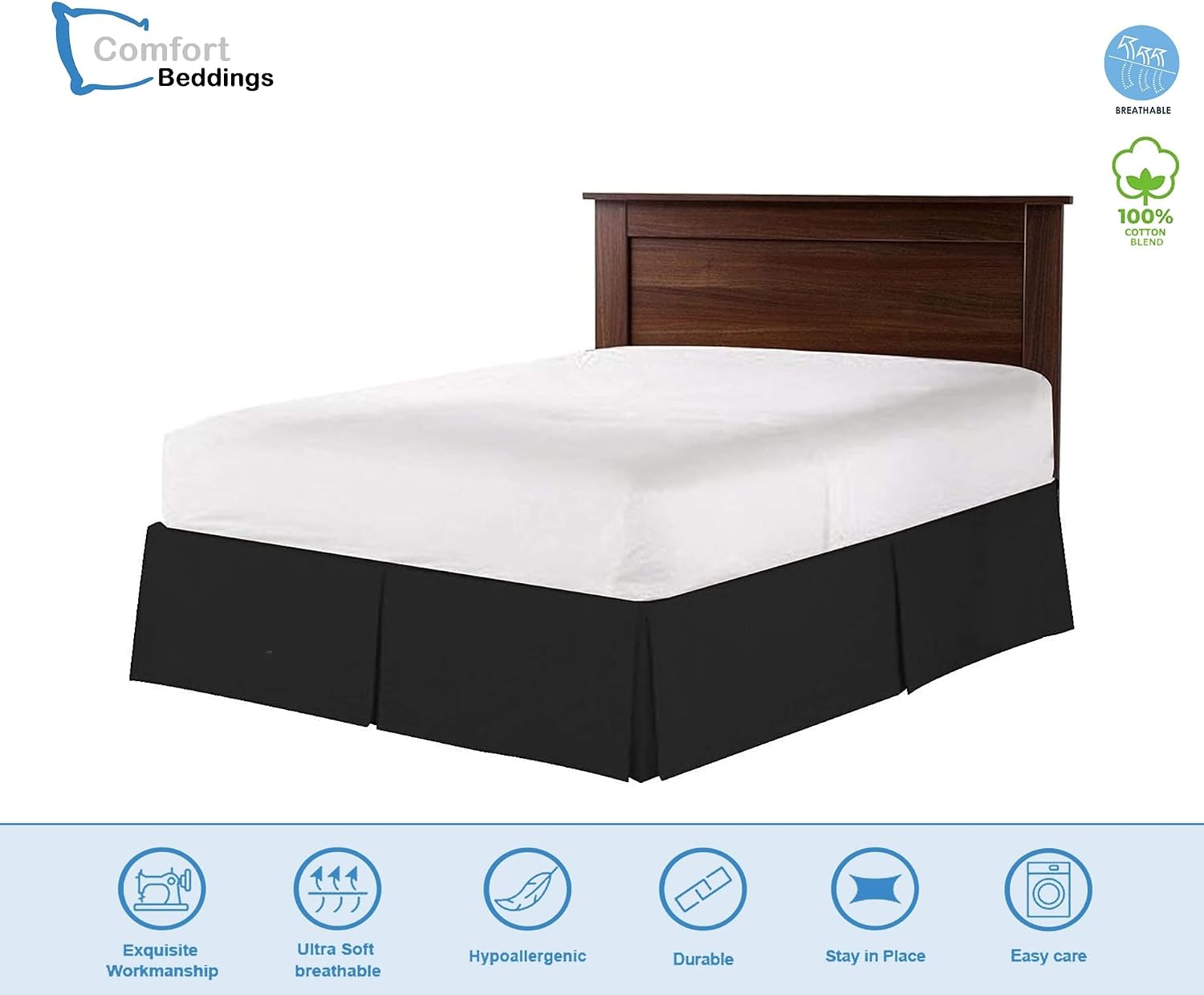 bed skirt king size pleated style by comfort beddings 100% cotton blend fabric, premium tailored fit 1pc bedskirt king size 18" drop length black solid king 76x80 - 18 inch drop pleated bedskirt black