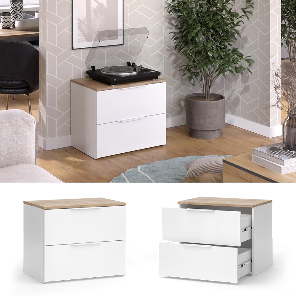 Vicco Commode Wido, Blanc/Sonoma, 60x50cm avec 2 tiroirs, pour Le Rangement de vêtements et d’Objets du Quotidien