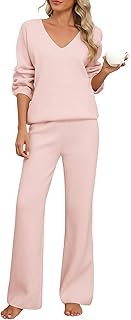 Conjunto Punto Mujer 2 Piezas Invierno Otoño Pijama Chandal Completo Deportivo Conjuntos Elegante Cuello en V Casual Jersey Tops Cintura Alta Elástico Suelto Pantalones