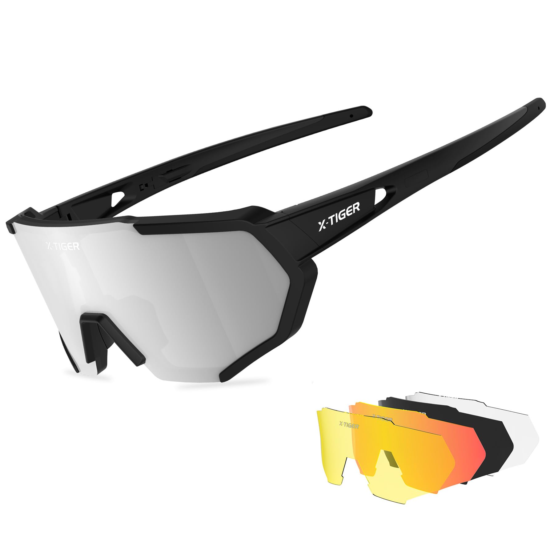 X-TIGER Fahrradbrille, Herren Damen Sportbrille, UV400 mit 5 Wechselgläser,Starker TR90 Frame, mit Montierbarem Brillenband & Ohrhaken, Outdoor-Sport/Radfahren/Laufen/Autofahren/Angeln/Golf