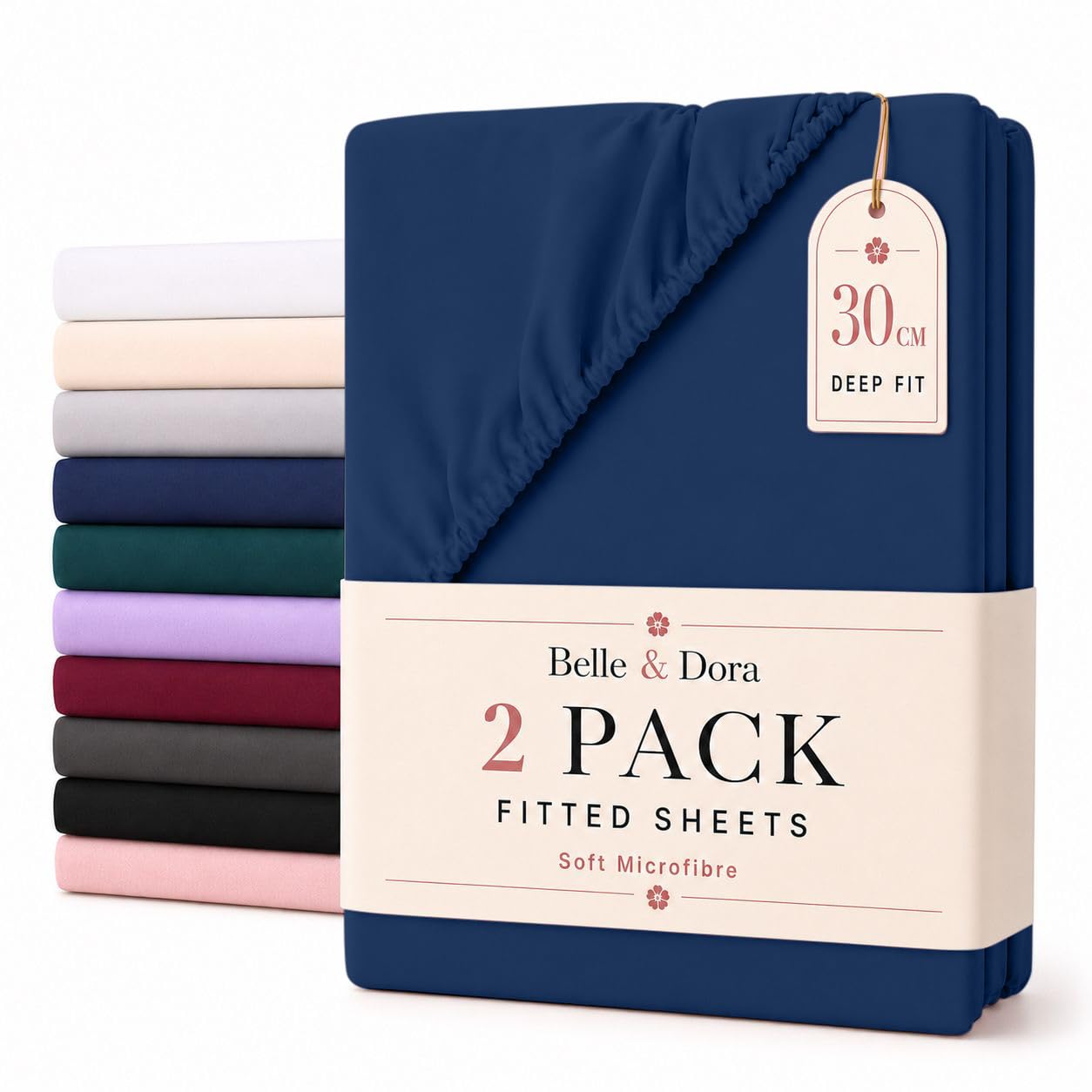 2 Pack King Microfibre Fitted Sheets 30cm Deep Bed Sheets, Navy Blue