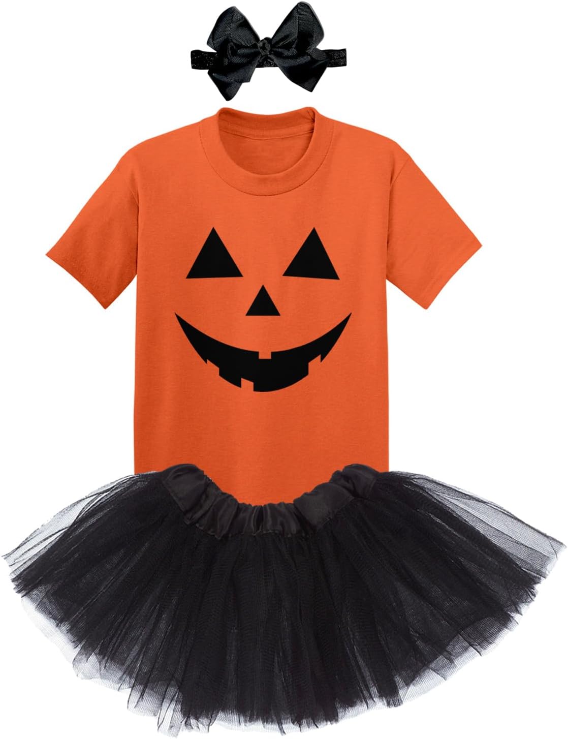 Pumpkin Face - Jack O' Lantern Toddler T-Shirt + Tutu Skirt + Bow Headband Set (Orange T-Shirt/Black Tutu, 5T)