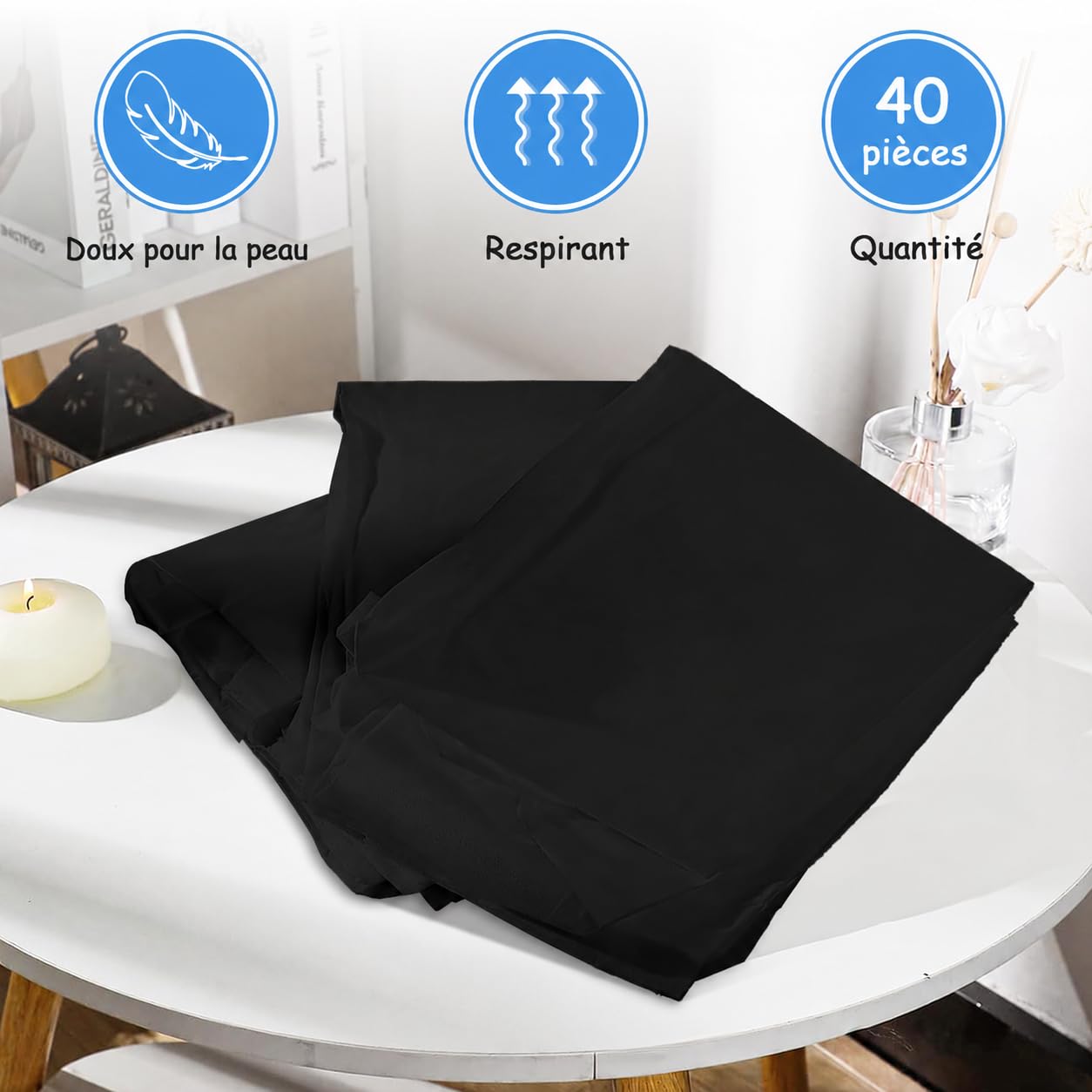 Lot de 40 Draps-Housses Jetables pour Table de Massage, 220 x 100 cm, Noir