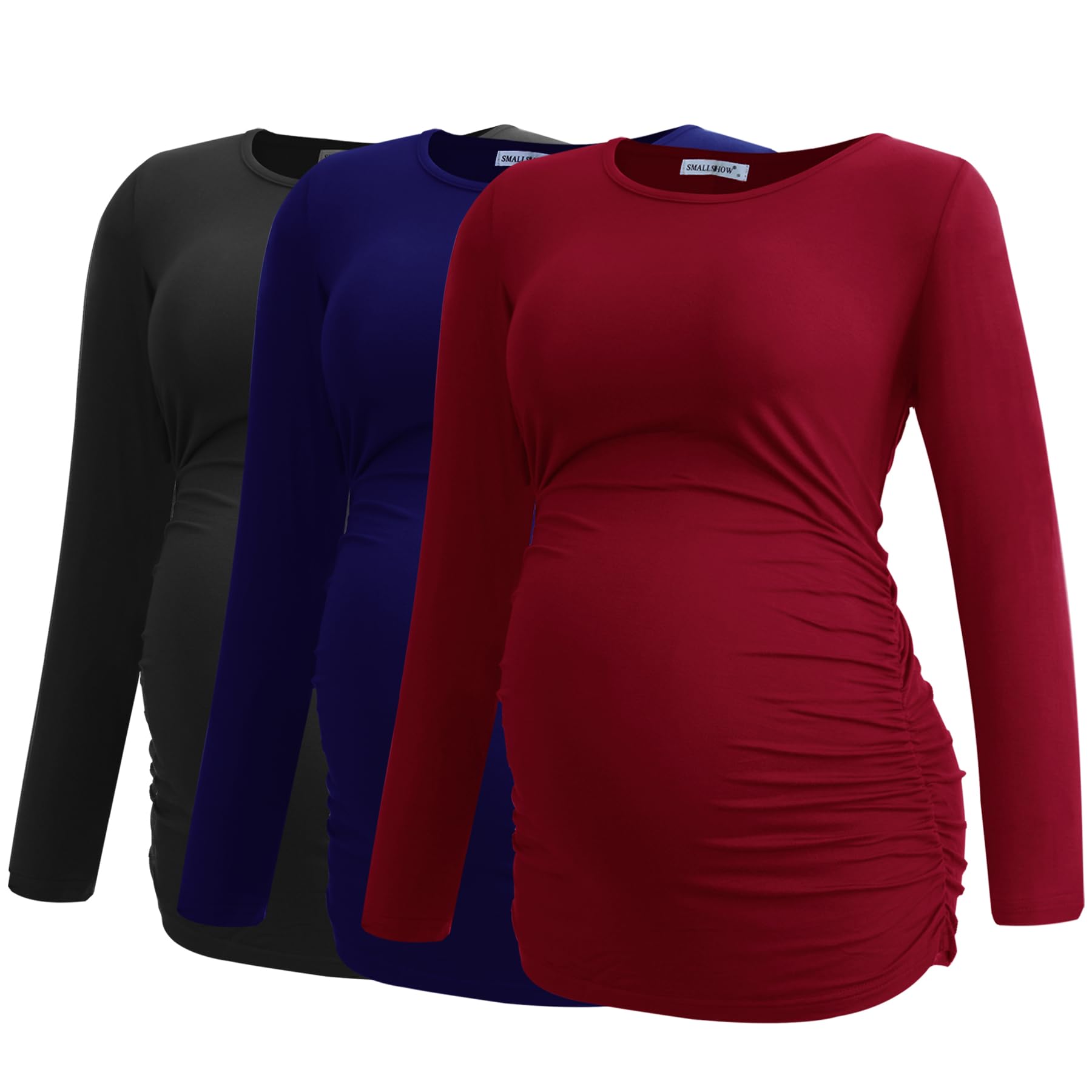Smallshow Ropa Premama Mujer Manga Larga Camisetas Embarazadas de 3 Piezas,Black-Navy-Wine,M
