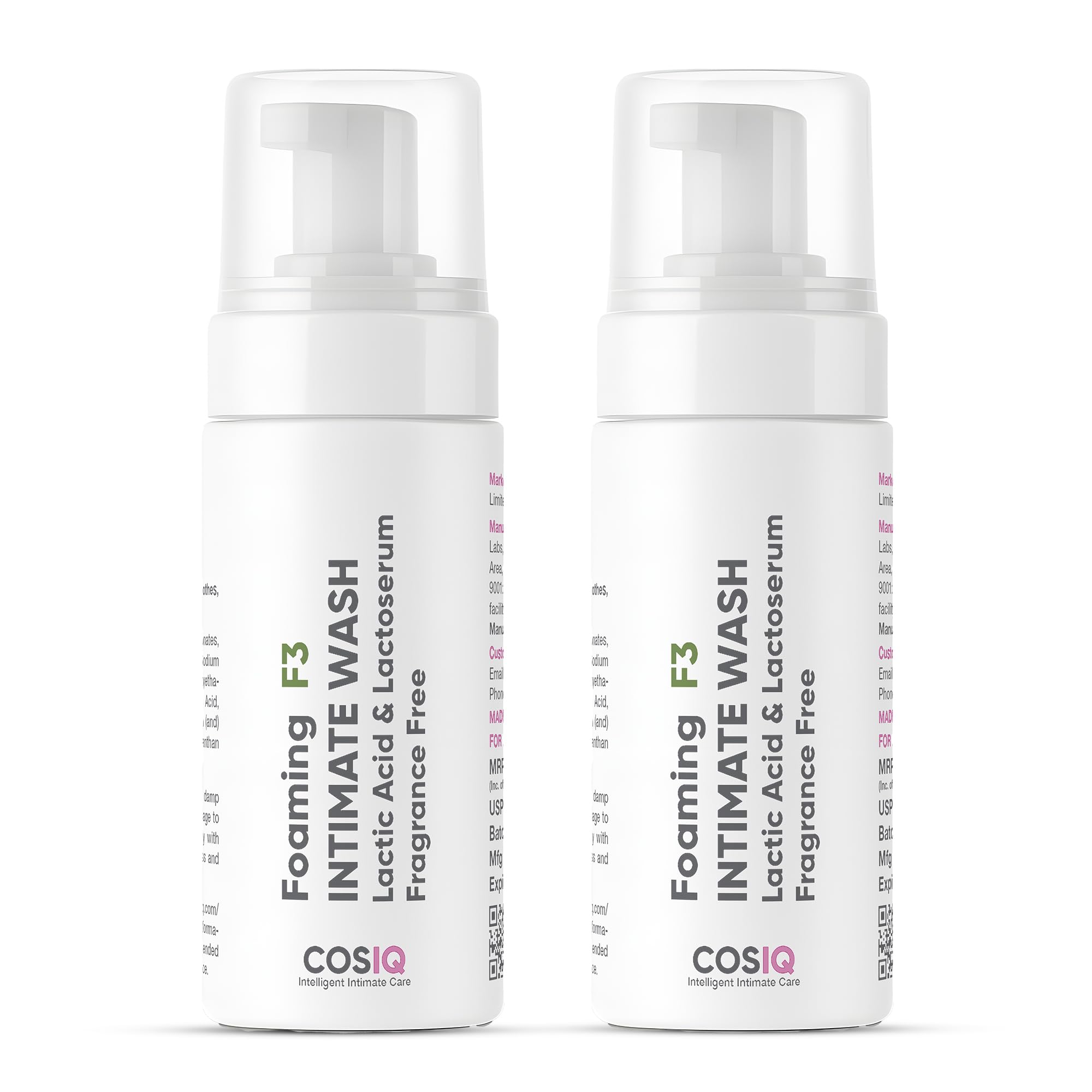 Cos-IQ Foaming F3 Intimate Wash (Pack of 2 X 100ml) | Fragrance-Free Hygiene Wash with Lactic Acid & Lactoserum| Prevents Itching, Irritation & Dryness| Soothes Intimate Skin| For All Skin Type, 200ml