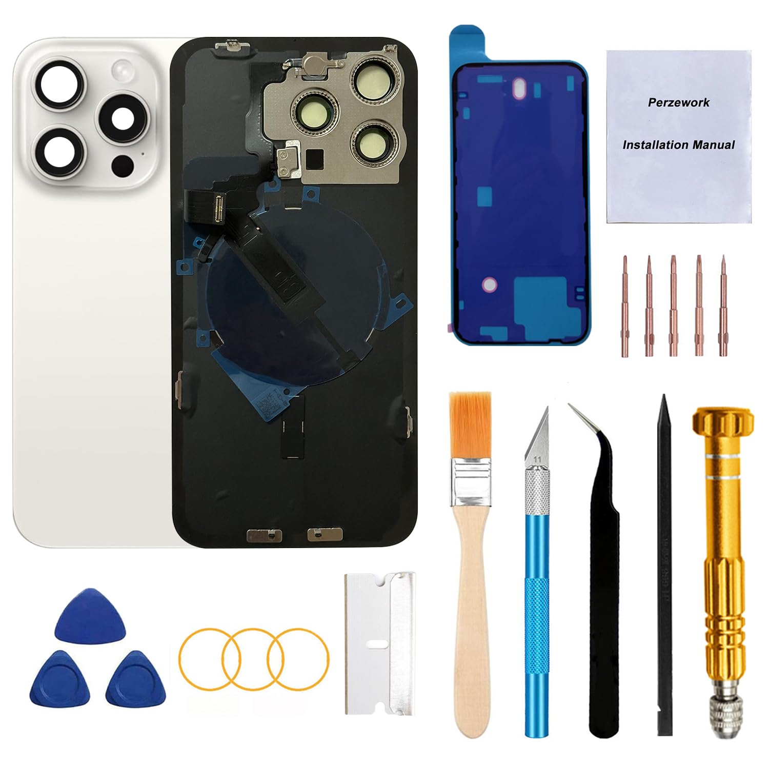 Perzework Rear Back Glass Replacement for iPhone 15 Pro 6.1-inches with Reparing Tool Kit and All Necessary Parts (White Titanium)