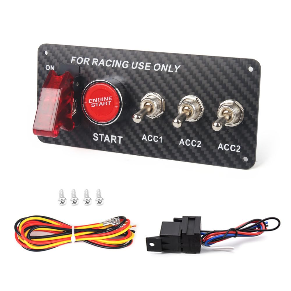 MR HELLO Carbon Fiber 12V 5 in 1 Ignition Switch Panel with Push Button Start, Toggle Switches, and LED for RV, Truck, Car, Boat