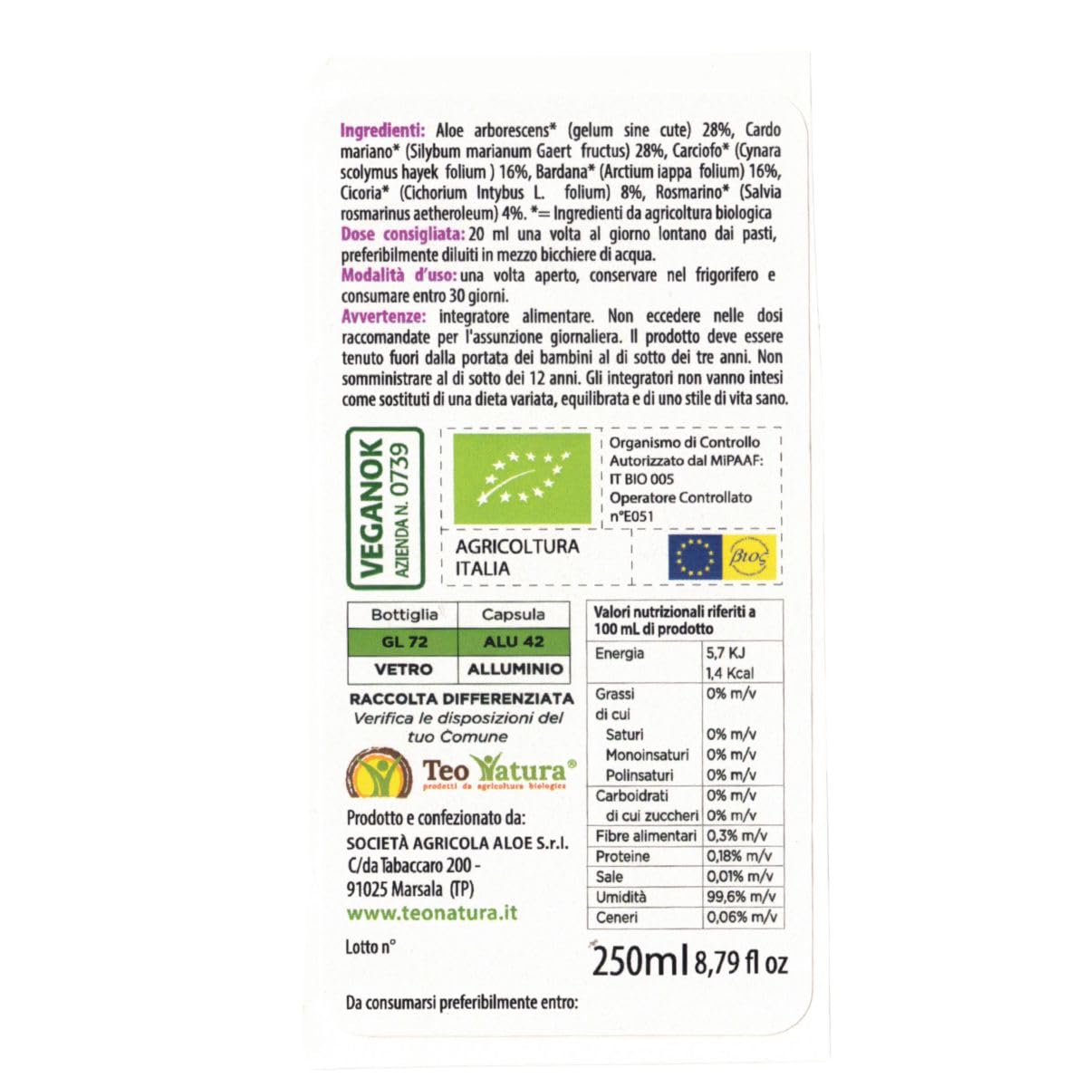 TeoNatura Sanus Iecur – Zumo Biológico Aloe Arborescens & Cardo Mariano | Depurativo, Digestivo, Bienestar Hepático | 6 Hierbas Bio, Vegano, Sin Gluten – 2x250ml Made in Sicily