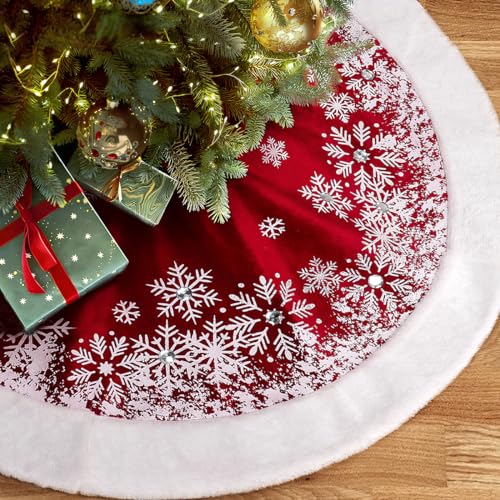 GMOEGEFT Christmas Tree Skirt 48 Inches Red Velvet with Snowflakes