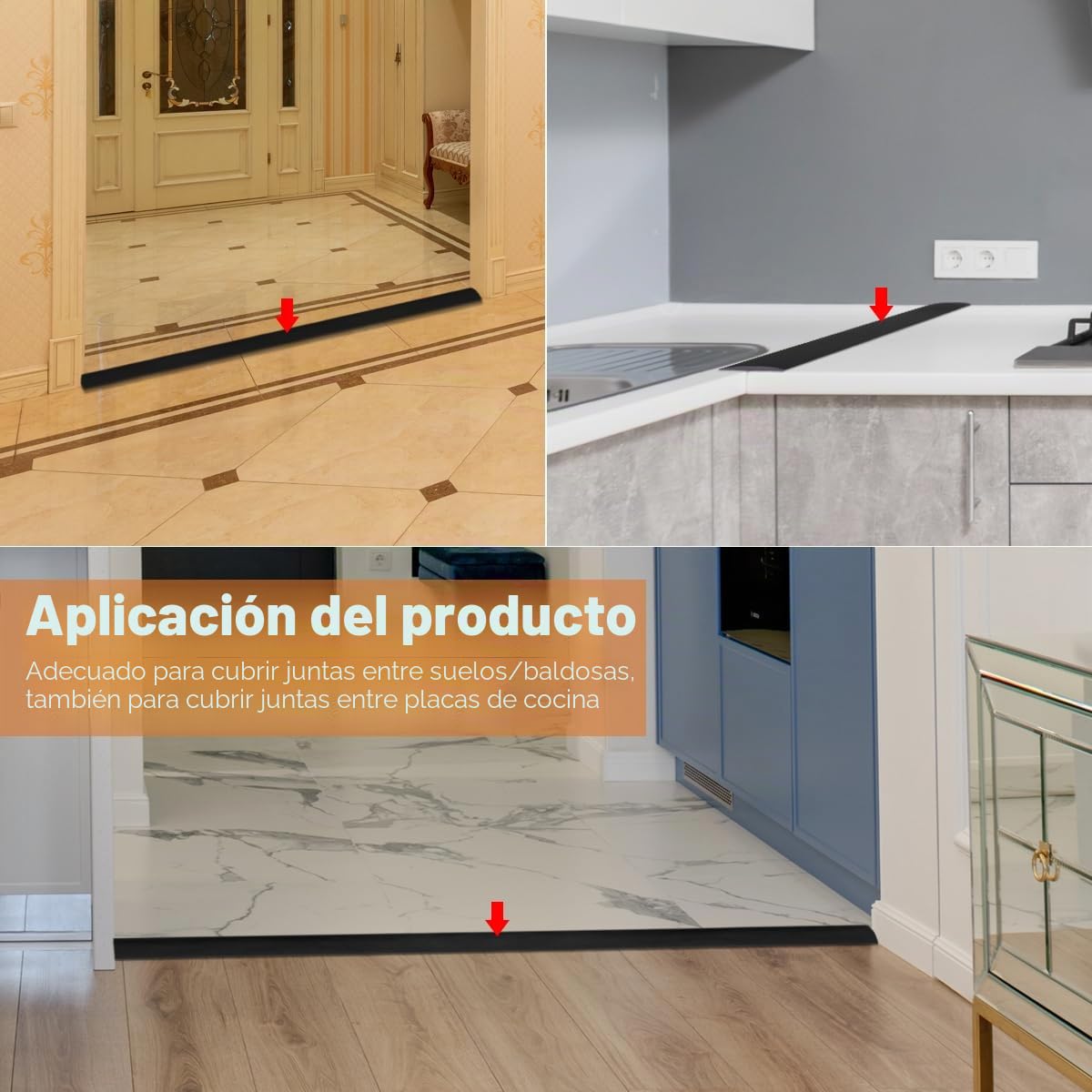 Barra de Umbral Adhesiva PVC Perfil de Transición Suelos 600x5cm Varita de Acabado Negro Umbral de Puerta Adhesiva para Azulejos Perfil PVC Transición