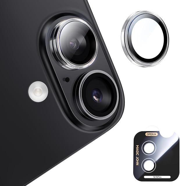 MAGIC JOHN pour iPhone 16/16Plus Protecteur d'objectifs pour caméra, Ultra HD Anneau individuel en métal, 9H Verre trempé, avec kit d'installation, ensemble de 2, Effacer