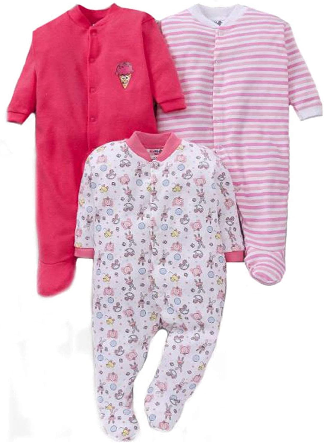 EIO100% Cotton Baby Rompers Sleepsuits Jumpsuits Night Suits for Newborn Baby Boys & Girls | Soft Infant Bodysuit | Pack of 3 Kids Rompers