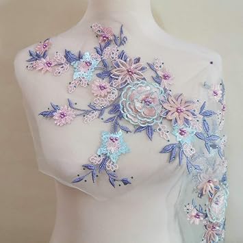 Embroidered Pearl Hot-Drilled Three-Dimensional Flower Lace Applique 3D Series Wedding Dress/Dress/Performance Stage Dress/Costume Accessories Blue Purple