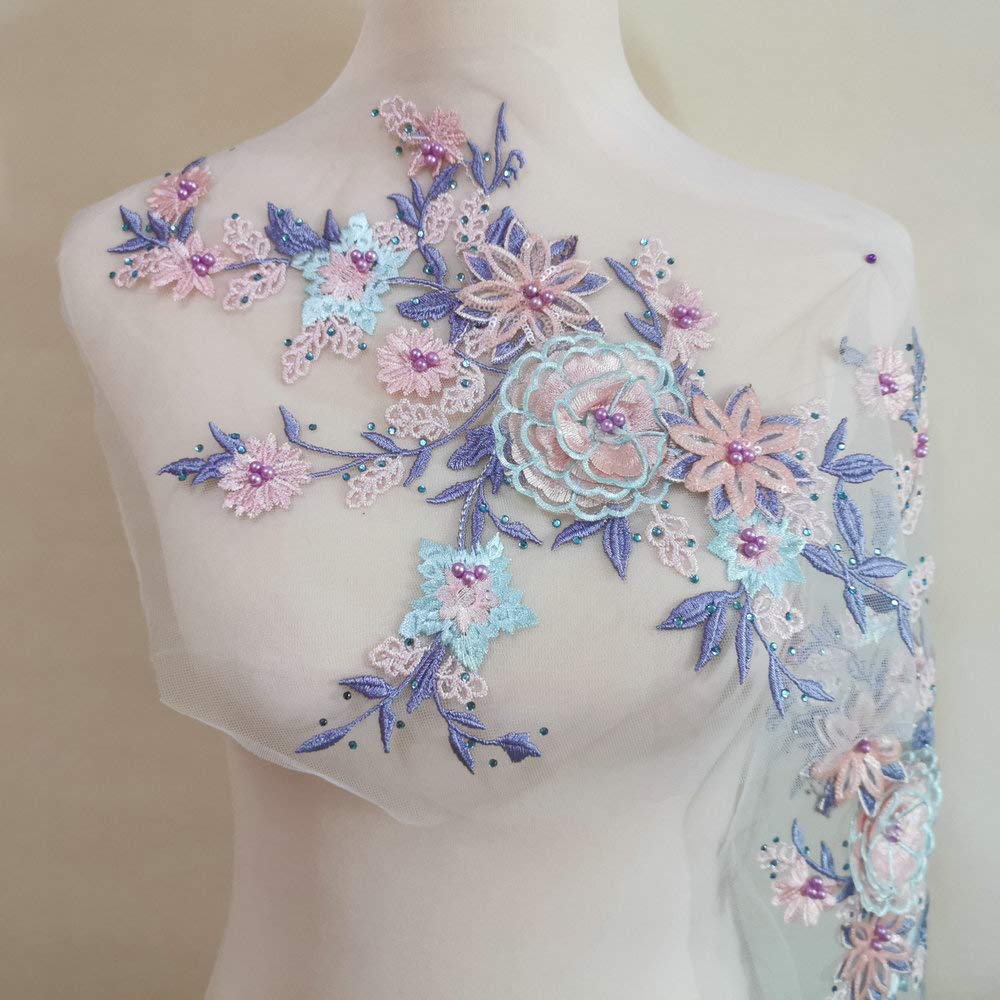 Robe de mariée dentelle 3D perlée brodée fleur applique vêtement performance bleu violet