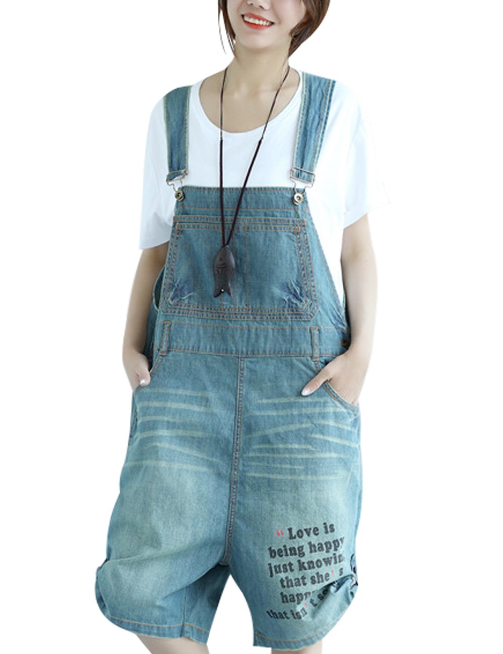 Youlee Femmes Été Lettre imprimée Pantalon cinquième Denim salopettes