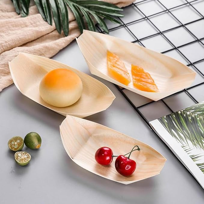 100 Platos de Madera Desechables Sushi Tipo Barco 21.5x11 cm miniatura 2