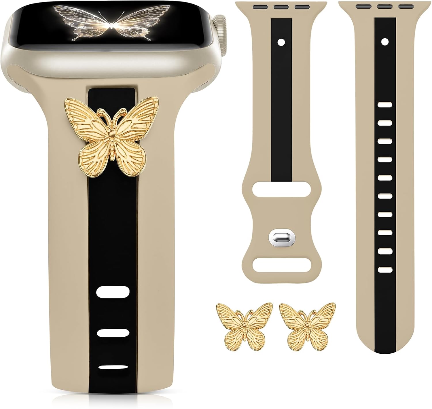 Cute Strap for Apple Watch Band 40mm 38mm 41mm 42mm (Series 10) for Women, Stylish Bracelet with Gold Butterfly Charms for iWatch Bands Series 10/9/8/7/6/5/4/3/2/1/SE, Soft Sport Wristband