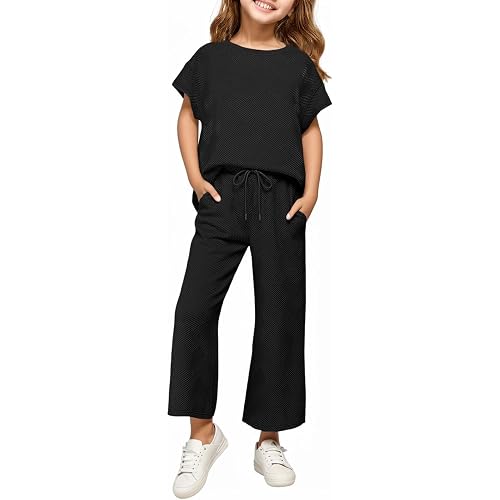 Girls 2 Piece Outfits Cap Sleeve Tops Long Wide Leg Pants Set Sweatsuits 5-14 Years