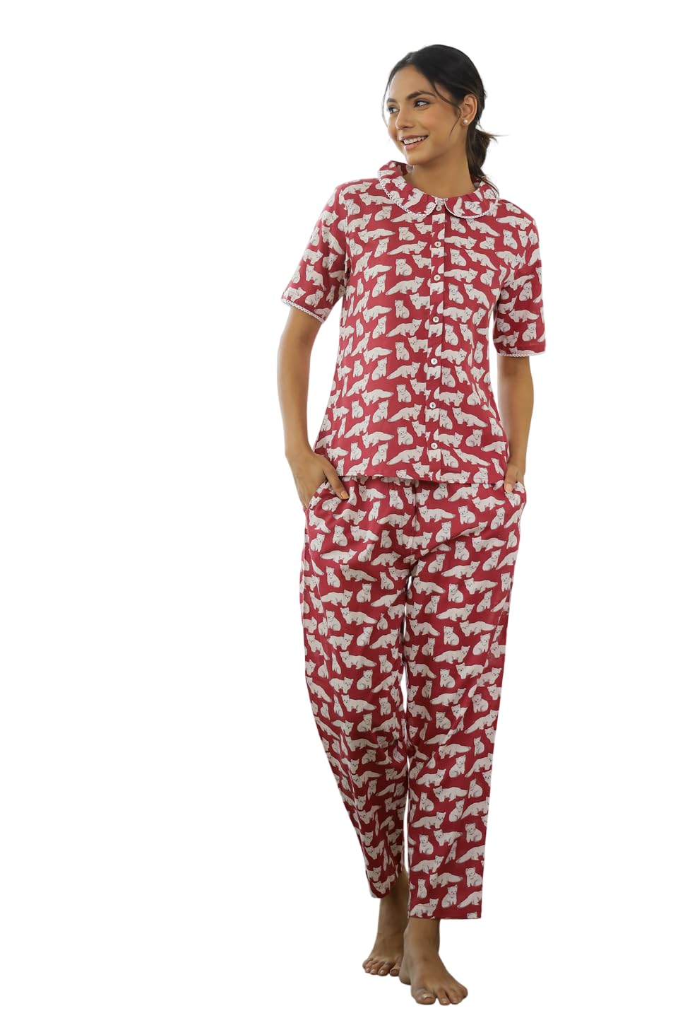 sanskrutihomes Women's 100% Pure Cotton Animal Print Night Suit Set | Soft & Breathable Nightwear | Peter Pan Collar Half Sleeve Top & Full Pyjama | Comfortable Loungewear & Sleepwear for Women-picture-13
