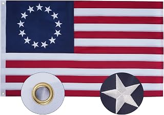 SYII Betsy Ross Flag 2x3 Feet, Embroidery 13 Stars Colony American Flags with 2 Brass Grommets and Double Stitched Sewn Stripes, Heavy Duty Polyester 4th of July Outdoor Banner