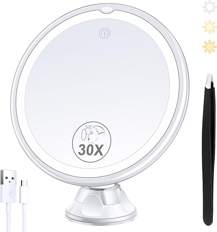 Espelho para maquiagem com luz B Beauty Planet, ampliação 30X, ventosa, 3 modos de cor, brilho ajustável, rotação de 360°, bateria de 1500 mAh