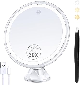 Lighted Makeup Mirror with 30X Magnification, 30X Magnifying Mirror Suction Cup with Light, 3 Col...