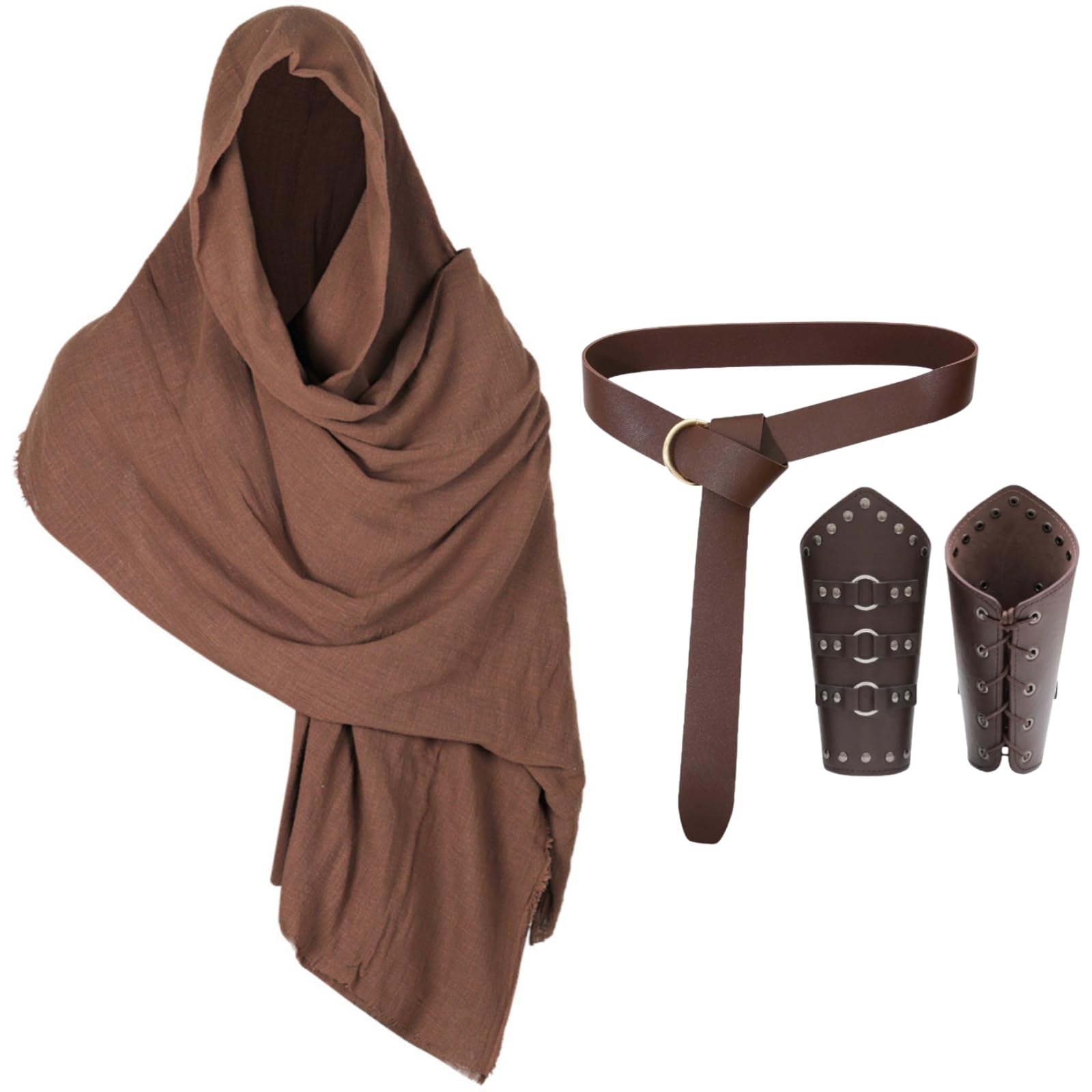 HAPNBCELE Men's Medieval Shawl Scarf Hood Cloak, Renaissance Cape with Belt Bracers Adjustable Scarf Halloween LARP Costume (Brown, One Size)