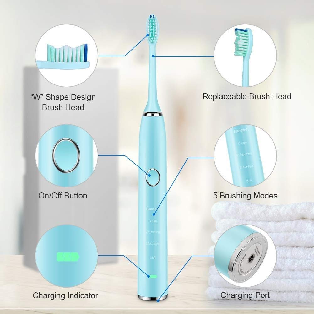 Cepillos de dientes acústico ultrasónico cepillo de dientes eléctrico USB recargable con 2 piezas de repuesto DuPont Jefes Tiempo cepillo impermeable (Color : Black toothbrush)