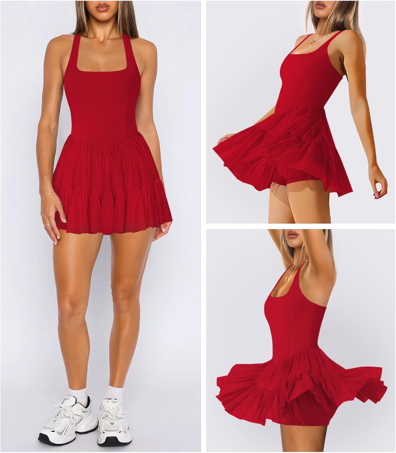 Hragc Women's Tennis Flowy Pleated Ruffle Athletic Dress for Women Halter Neck Sleeveless Mini Golf Dress with Shorts Pocket
