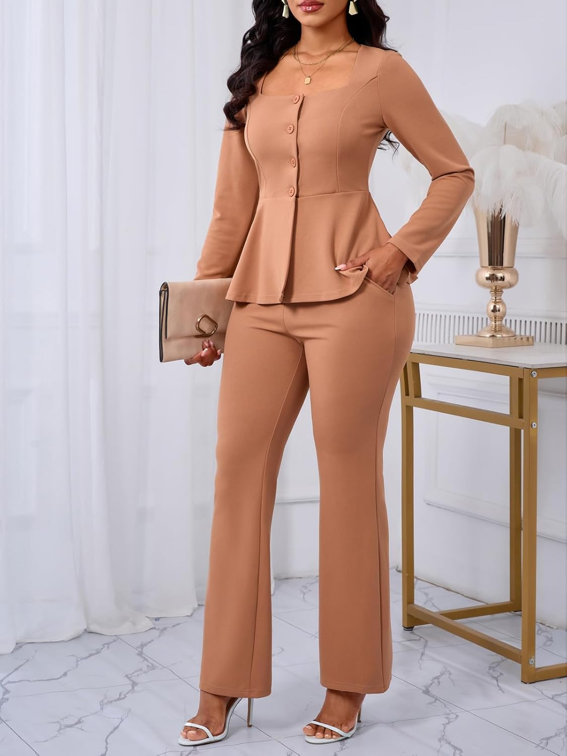 Ekaliy Women's 2 Piece Pants Suit Long Sleeve Blazer Flare Pant Set Casual Office Work Outfits - Image 2