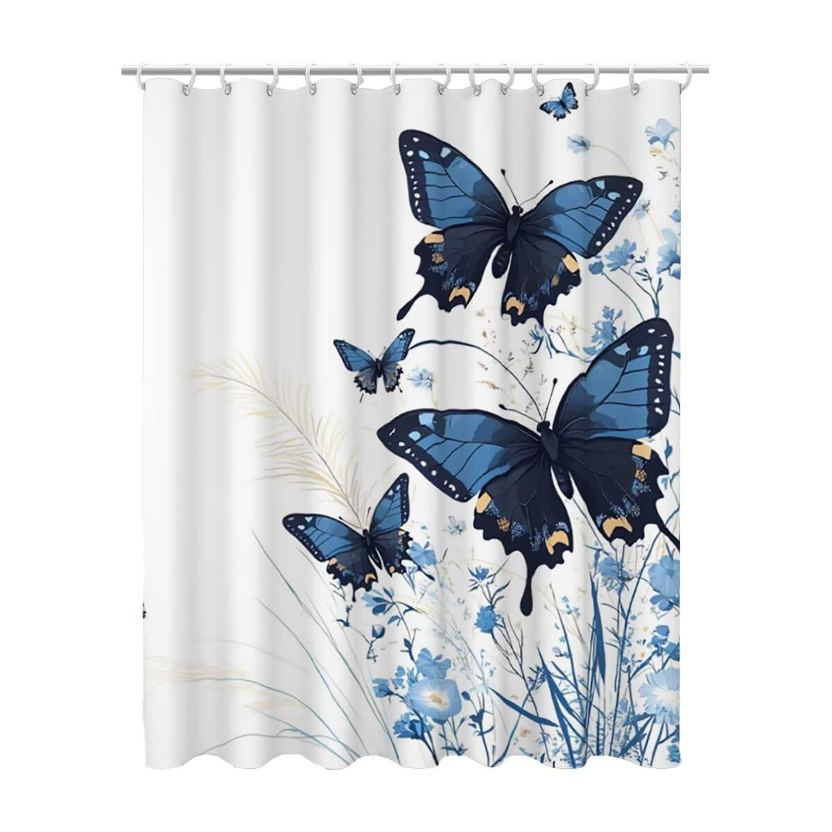 Białe zasłony prysznicowe do łazienki, bardzo długa zasłona prysznicowa 240 x 200 cm, motyl zasłony łazienkowe, obciążony brzeg, wodoodporna tkanina poliestrowa z 12 plastikowymi haczykami do wanny