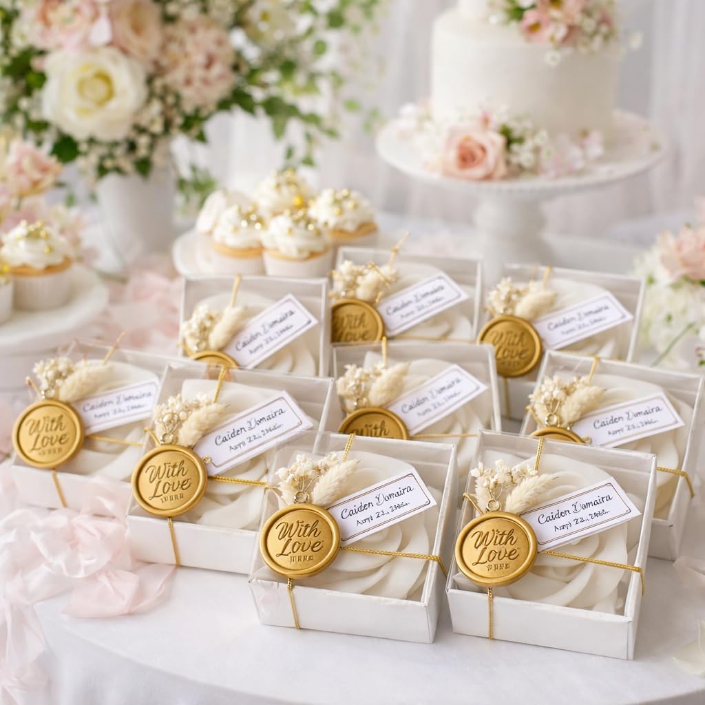 Personalized Rose Shaped Soy Wax Candles in Gift Box with Gold Wax Seal – Scented Wedding & Bridal Shower Favors, Elegant Mini Candle Gifts (Bulk Options Available)
