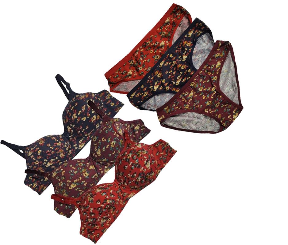 Image of Narsingha Dreams Women's Cotton Full Coverage Lightly Padded Floral Printed Wire Free Bra Panty Lingerie Set Honeymoon Bikini Set for Girl's Combo Pack of 3